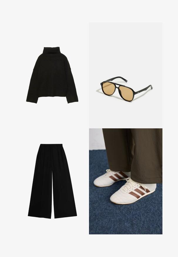 Maglione nero oversize con collo alto realizzato in morbido materiale a maglia, caratterizzato da colletto e polsini a coste, con una vestibilità rilassata e senza decorazioni.; Pantaloni neri a gamba larga con vita alta, realizzati in un tessuto morbido, caratterizzati da pieghe stirate per una struttura e una vestibilità sartoriale.; Sneakers bianchi con strisce marroni indossati con pantaloni marroni su un pavimento in moquette blu.; Occhiali da sole neri con lenti a sfumatura marrone; forma rettangolare con una montatura spessa, inclusi sottili dettagli metallici sulle astine.; Borsa a tracolla nera in ecopelle con una forma a mezzaluna unica, manico largo e imbottito, e chiusura con zip. Texture liscia e lucida, design minimalista.