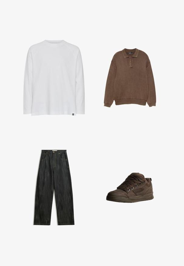 Brun strikket polo sweater med krave, tre-knaps lukning, ribbede ærmer og kant, som har en let oversized pasform og struktureret stof.; Hvid langærmet t-shirt med rund halsudskæring, et afslappet fit og raglanærmer. Lavet af blødt bomuldsstof; har et lille brandlabel.; Mørke denim jeans med en løs pasform, med subtil lodret tekstur, gule sømme, fem lommer og en klassisk knaplukning.; Brune sportsko lavet af glat syntetisk materiale. Har tykke snørebånd, mesh-detaljer, polstret krave og struktureret gummisål.