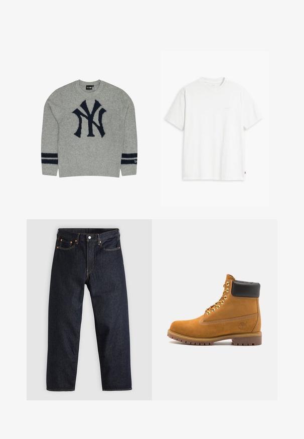 Hallhalli hallatud hall soe, millel on rinnal tumesinine NY logo ja kahel varrukal tumesinised triibud. Ribiga mansetid ja hemitehtud detail.; Valge puuvillane t-särk lühikeste varrukatega, ümmargune kaelus ja peene Levi'si logo trükituna keskel. Pehme tekstuur ja standardne istuvus.; Tumedad sinised teksad sirge lõikega, viie taskuga, kontrastsete oranžide õmblustega ja nööpide kinnitusega. Ilma nähtavate mustrite või kaunistusteta.; Küpset tan suede sääreboot musta pehmea kraega, kuldsed metallist silmad, valge õmblemise detailid ja robustne kummist tallaga, millel on väljendunud mustrid.