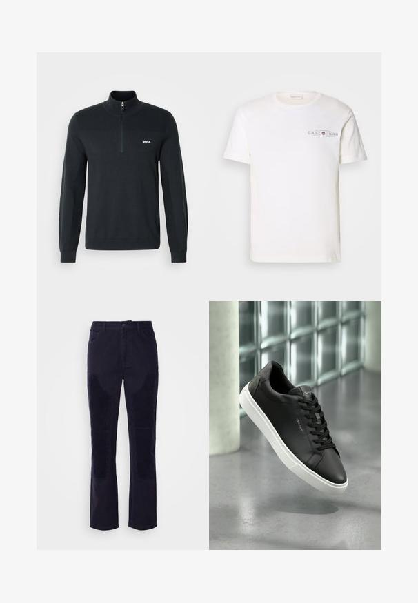 Svart zip-neck sweatshirt laget av mykt stoff med ribbestruktur på øvre del og en liten hvit logo på brystet.; Hvit bomull t-skjorte med rund hals, korte ermer og trykket logo. Har minimalistisk design og avslappet passform.; Mørk marineblå kordfløyelsbukser med glatt stoff, rette ben og horisontale ribbede lapper på frontlommene for ekstra tekstur.; Svarte lærersneakers med hvit gummi såle, rund tå og snøring. Har en glatt tekstur og subtil merking på tungen.