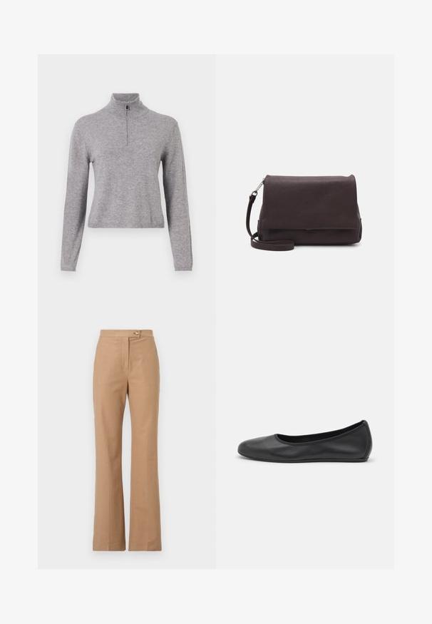 Suéter gris de punto con un cuello alto y cremallera frontal. Con mangas largas y una longitud ligeramente corta. Textura suave y dobladillo acanalado.; Camisa abotonada de suave tela rosa, con un patrón geométrico de diamantes y triángulos en tonos gris apagado y negro. Manga larga, cuello clásico.; Pantalones de vestir beige con una silueta acampanada, hechos de una tela suave, que presentan un cierre frontal con botón y dos bolsillos laterales.; Bailarina de piel negra con punta redondeada, textura suave, detalle de costura minimalista y diseño de suela flexible.; Tiger of Sweden LIMBIATE UNISEX - Bandolera - pure decadence