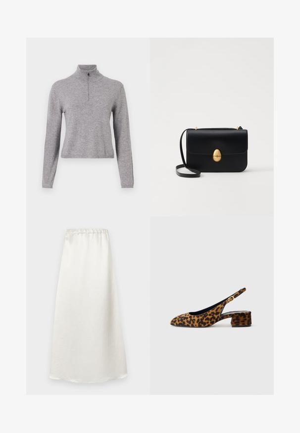 Grauer Strickpullover mit hohem Kragen und frontalem Reißverschluss. Verfügt über lange Ärmel und einen leicht verkürzten Schnitt. Glatte Textur und gerippter Saum.; Weißer, knöchellanger Rock aus einem glatten, leichten Stoff mit einem gerafften Bund und einer subtilen strukturierten Oberfläche.; Damen-Slingback-Schuhe mit Leopardenmuster, niedrigem Blockabsatz und goldener Schnalle am Seitenriemen, im Seitenprofil auf einem schlichten Hintergrund dargestellt.; Schwarze Lederhandtasche mit strukturierter rechteckiger Form. Verfügt über einen goldenen ovalen Verschluss und einen dünnen Schulterriemen. Glatte Textur.