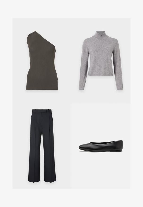 Šedý pletený svetr s vysokým límcem a předním zipem. Má dlouhé rukávy a mírně zkrácenou délku. Hladká textura a žebrovaný lem.; Asymetrický top na jedno rameno ve tmavě zeleném žebrovaném materiálu, přiléhavý silueta, bezšvové okraje, s nařasením poblíž ramene.; Tmavě modré kalhoty s pruhy, vysokým pasem, širokým nohavicemi a bez viditelného kování nebo ozdob. Hladká textura a přesně padnoucí střih.; Paul Smith TOPANGA - Klasické baleríny - black