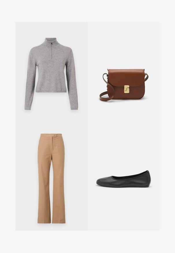 Maglione grigio a maglia con colletto alto e zip frontale. Presenta maniche lunghe e una lunghezza leggermente accorciata. Texture liscia e orlo a coste.; Pantaloni beige su misura con silhouette svasata, realizzati in tessuto morbido, con chiusura frontale a bottoni e due tasche laterali.; Pantofole da balletto nere in pelle con punta arrotondata, texture liscia, dettagli di cucitura minimi e design con suola flessibile.; Borsa a tracolla in pelle marrone con chiusura a pattina, hardware color oro, tracolla e una finitura liscia. Forma rettangolare compatta.