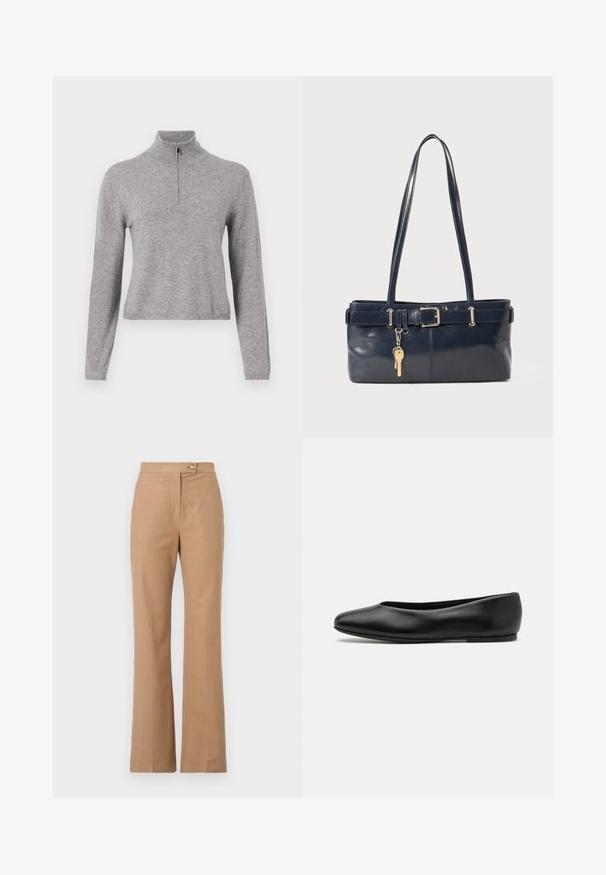 Gray knit sweater with a high collar and front zipper. Features long sleeves and a slightly cropped length. Smooth texture and ribbed hem.; Beige tailored trousers with a flared silhouette, made from smooth fabric, featuring a front button closure and two side pockets.; Paul Smith TOPANGA - Ballet pumps - black; Navy leather handbag with two long handles, a buckle detail, and a keychain attached. Features a smooth texture and a rectangular shape.