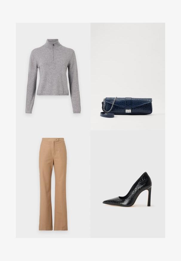 Grijze gebreide trui met een hoge kraag en een ritssluiting aan de voorkant. Heeft lange mouwen en een iets cropped lengte. Gladde textuur en geribbelde zoom.; Beige op maat gemaakte broeken met een uitlopende silhouette, gemaakt van soepele stof, met een sluiting met een voorknop en twee zijzakken.; Zwarte puntige hoge hak schoen met een krokodillenleren textuur, met een slank ontwerp, hoge stiletto-hak, en een gladde zwarte binnenkant.; Marineblauwe leren clutch met een krokodillenstructuur, zilveren kettingriem en metalen sluiting. Rectangulaire vorm met een omgevouwen ontwerp.