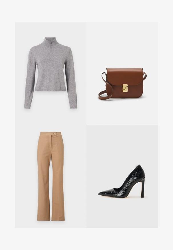 Hallide hall villane sviiter kõrge kaelusega ja esisepp. Omab pikki varrukaid ja veidi lühi pikkust. Sujuv tekstuur ja ribaga serv.; Bežid kohandatud püksid, millel on laienev siluett, valmistatud siledast kangast, kus on ees nööbiga sulgemine ja kaks küljetaskut.; Mustan teravaotsaga kõrge kontsaga king, millel on krokodillimustriga tekstuur, stiilne disain, kõrge stilettokonts ja sile must sisesisustus.; Pruunist nahast käekott, millel on klapiga sulgur, kuldne riistvara, õlarihm ja sile tekstuur. Kompaktne ristkülikukujuline vorm.