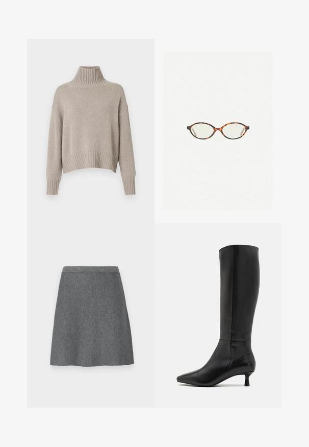 Beżowy sweter wykonany na drutach z wysokim prążkowanym kołnierzem, opadającymi ramionami i prążkowanym dołem, charakteryzujący się miękką fakturą i luźnym krojem.; Biała bezrękawnik z okrągłym dekoltem, wykonany z prążkowanego materiału; prosty design bez wzorów czy ozdób.; Szara wełniana spódnica z dopasowanym paskiem w talii, w kształcie litery A, o gładkiej fakturze. Bez kieszeni ani widocznych detali sprzętowych.; Zign - Kozaki; Okulary w kolorze tortoiseshell z owalnymi soczewkami i gładkim, eleganckim wykończeniem. Posiadają cienkie boki z delikatnym łukiem w okolicy skroni. Przezroczyste soczewki.; Czarna skórzana torba na ramię o gładkiej fakturze, zaokrąglonym kształcie i jednej regulowanej rączce z złotym okuciem oraz markowym akcentem.
