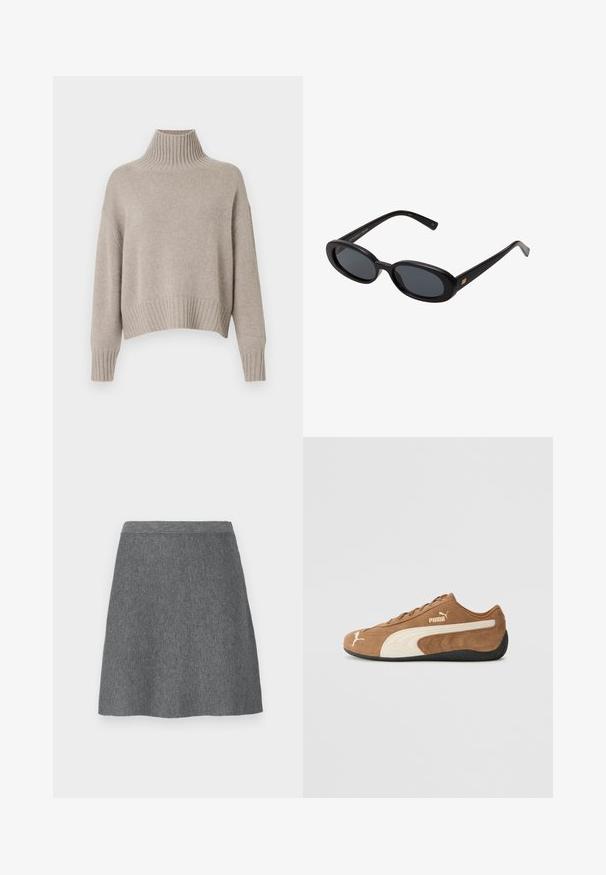 Beige strikket sweater med høj ribbet krave, drop shoulders og ribbet kant, der viser en blød tekstur og afslappet pasform.; Hvid ærmeløs tanktop med rund halsudskæring, lavet af ribbet materiale; enkel design uden mønstre eller udsmykninger.; Grå uldnederdel med en tætsiddende talje, A-linjeform og glat tekstur. Ingen lommer eller synlige hardwaredetaljer.; Brune ruskind lav-top sneakers med creme accenter, tekstureret overflade, sort gummisål og broderet logo på siden og tungen.; Store store; Sort læder skuldertaske med en glat overflade, buet form og en enkelt justerbar rem, der har guldfarvet hardware og et brandet accent.