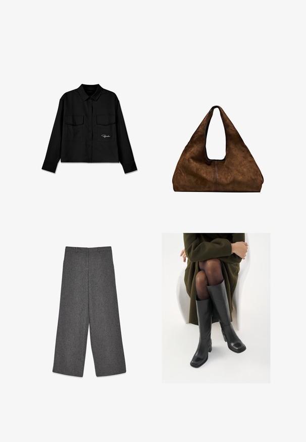 Schwarzer Pullover mit V-Ausschnitt und Kragen. Hergestellt aus weichem Material, hat er lange Ärmel und einen lockeren Schnitt.; Schwarzes Cropped-Shirt mit spitzem Kragen, doppelten Brusttaschen, Knopfleiste und gesticktem Logo auf der linken Seite. Glatte Stoffstruktur.; Grau weite Hosen aus strukturiertem Stoff mit einem subtilen Muster. Verfügt über einen Bund mit Gürtelschlaufen und einem sauberen Schnittabschluss.; Knöchelhöhe schwarze Lederstiefel mit quadrater Spitze und Blockabsatz, gezeigt mit einem Modell, das einen olivgrünen Mantel trägt. Glatte Textur, minimale Details.; Braune Wildleder-Schultertasche mit offenem Oberteil. Sie verfügt über einen tiefen, breiten Körper, einen ausgeschnittenen Griff und minimale Nähte für ein sauberes Design.
