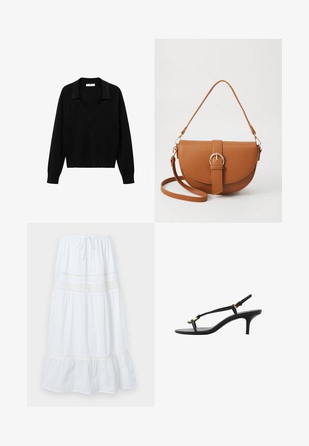 Črn pulover s V-izrezom in ovratnikom. Narejen iz mehkega materiala, ima dolge rokave in sproščen kroj.; Bela midi krila iz lahkega bombaža, ki ima vrvico za zategovanje v pasu ter dekorativni čipkast rob na telesu in ob robu. Širjen silhueta.; Črne usnjene sandale s kitten peto, tankimi trakovi, zlate zaponke in minimalistično zanko za prste na beli podlagi.; Rjava usnjena torbica prek telesa s ukrivljeno obliko, zlate opreme in sponko. Ima odstranljiv naramni trak.