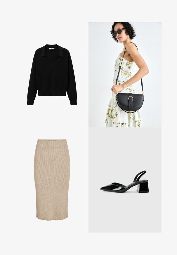 Pulover negru cu design în formă de V și guler. Fabricat dintr-un material moale, acesta are mâneci lungi și o croială lejeră.; Fustă tricotată de culoare bej deschis, cu textură ribbed verticală, lungime până la genunchi, cu un tiv elastic și croiala dreaptă.; Pantofi cu toc slingback din piele lacuită neagră, cu vârf ascuțit și toc geometric. Prezintă un design elegant, minimalist și o textură netedă.; Geantă din piele neagră, cu o formă curbată, curea detașabilă și accesorii aurii. Geanta are un capac cu un detaliu tip cataramă.
