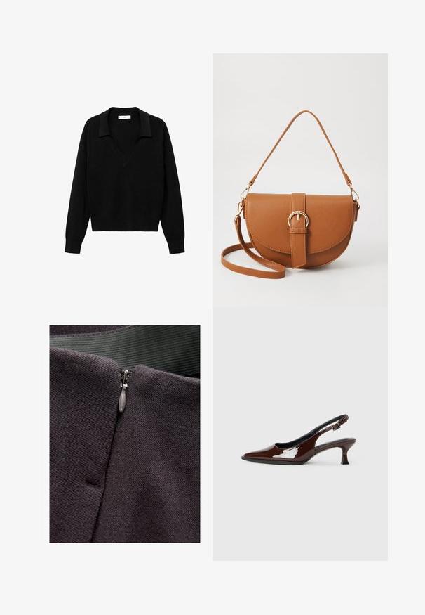 Schwarzer Pullover mit V-Ausschnitt und Kragen. Hergestellt aus weichem Material, hat er lange Ärmel und einen lockeren Schnitt.; Reißverschlussdetail auf einem dunkelgrauen Stoff, der eine glatte Textur aufweist, mit einem metallischen Reißverschluss-Zipper und einem grünen Webband darüber.; Braune Lackleder-Slingback-Schuhe mit spitzer Zehe und moderatem Absatz. Mit einem Schnallenriemen für einen sicheren Sitz. Glatte Textur.; Braune Leder-Crossbody-Tasche mit geschwungener Form, goldfarbenen Beschlägen und einer Schnallenakzentuierung. Verfügt über einen abnehmbaren Schultergurt.