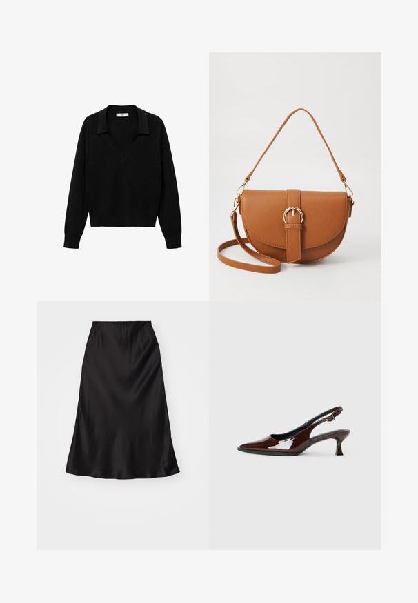 Black pullover sweater with a V-neck design and a collar. Made of soft fabric, it features long sleeves and a relaxed fit.; Black satin slip skirt with a smooth texture, flared shape, and an elastic waistband. Minimalist design, no additional patterns or accents.; Brown patent leather slingback shoe with a pointed toe and a moderate heel. Features a buckle strap for secure fit. Smooth texture.; Brown leather crossbody bag with a curved shape, gold hardware, and a buckle accent. Features a detachable shoulder strap.