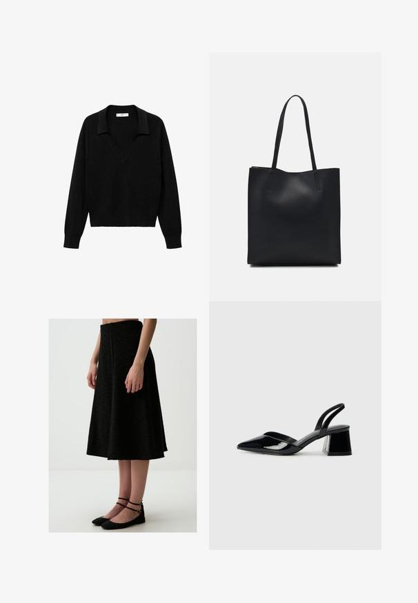 Czarny sweter typu pulower z dekoltem w serek i kołnierzykiem. Wykonany z miękkiego materiału, posiada długie rękawy i luźny krój.; Czarna spódnica w kształcie litery A, wykonana z teksturowanej tkaniny, o średniej długości i czystym pasku w talii, zestawiona z czarnymi płaskimi butami na kostkę.; Czarne lakierowane półbuty na obcasie z wydłużonym noskiem i geometrycznym słupkiem. Charakteryzują się eleganckim, minimalistycznym designem oraz gładką fakturą.; Czarna skórzana torba tote o gładkiej fakturze, prostokątnym kształcie i dwóch długich uchwytach. Brak widocznych elementów metalowych i ozdób.