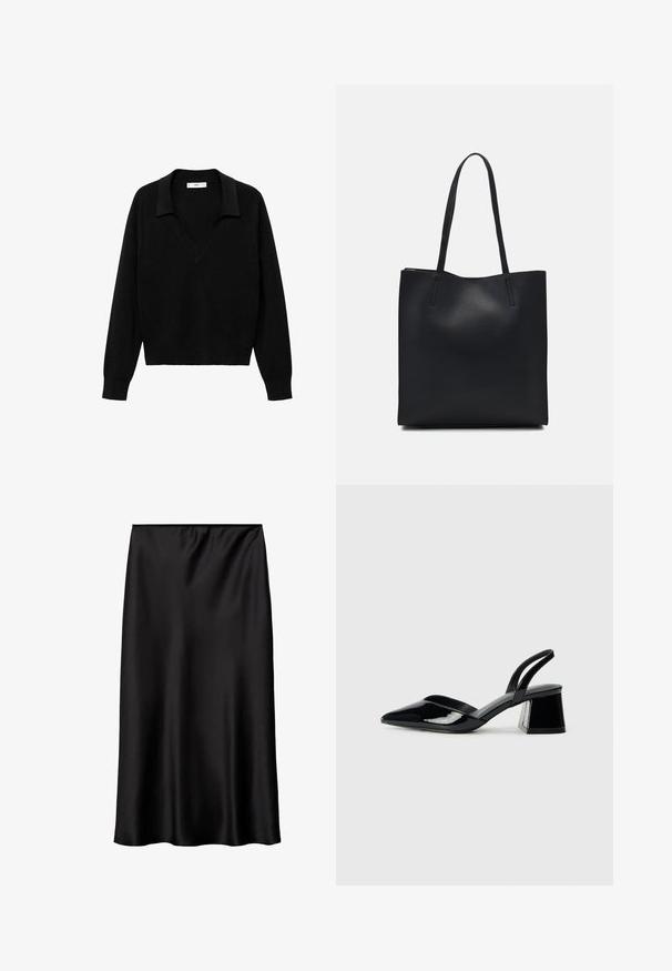 Crni pulover s dizajnom u obliku V i ovratnikom. Izrađen od mekanog materijala, ima dugačke rukave i opušteni kroj.; Crna saten suknja s glatkom, sjajnom teksturom, koja ima jednostavan, ravni kroj i elastičnu traku u struku za sigurnu prilagodbu.; Crne lakirane kožne sandale s otvorenom petom i špicastim vrhom, s geometrijskom blok petom. Imaju elegantan, minimalistički dizajn i glatku teksturu.; Crna kožna torba za nošenje s glatkom teksturom, pravokutnim oblikom i dvije duge ručke. Nema vidljivih metalnih dijelova ili ukrasa.