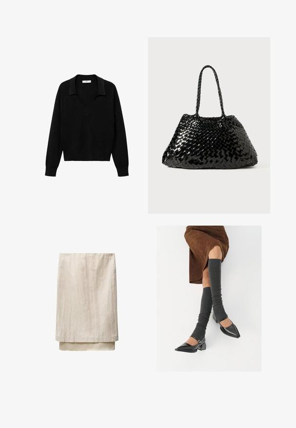 Crni pulover s dizajnom u obliku V i ovratnikom. Izrađen od mekanog materijala, ima dugačke rukave i opušteni kroj.; Bež suknja od lana ravnog kroja, s višeslojnim dizajnom na rubu koji dodaje dimenziju i teksturu. Glatka, lagana tkanina.; Crne lakirane cipele s šiljastim prstima, blok-petom i remenom oko gležnja, uparene s sivim rebrastim čarapama do koljena i smešnom suknjom od antilopa.; Crna tkaná torba s sjajnim završetkom. Ima dvije pletene ručke i prostran, trokutasti oblik. Teksturiran tkan stav kroz cijelu torbu.