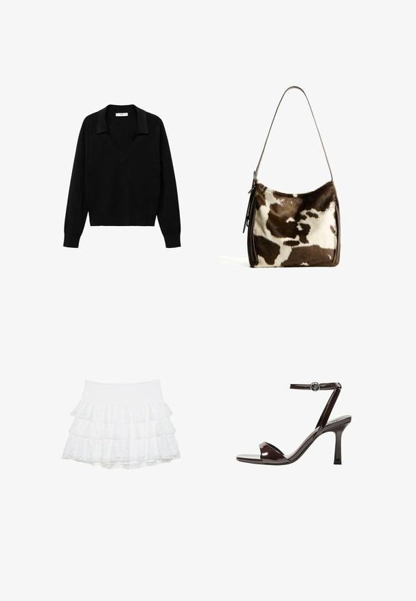Schwarzer Pullover mit V-Ausschnitt und Kragen. Hergestellt aus weichem Material, hat er lange Ärmel und einen lockeren Schnitt.; Weiße, gestufte Minirock aus strukturiertem Spitze mit drei Lagen. Elastischer Taillenbund sorgt für Dehnbarkeit. Keine zusätzlichen Verzierungen.; Braune Lackleder-High-Heelsandale mit einem Knöchelriemen, offener Zehenpartie und einem schlanken, minimalistischen Design. Verfügt über einen quadratischen Absatz.; Braune und cremefarbene Kuhhaut-Umhängetasche mit einem glatten Ledertrageriemen, Reißverschluss und einer weichen, strukturierten Oberfläche mit einem natürlichen Muster.
