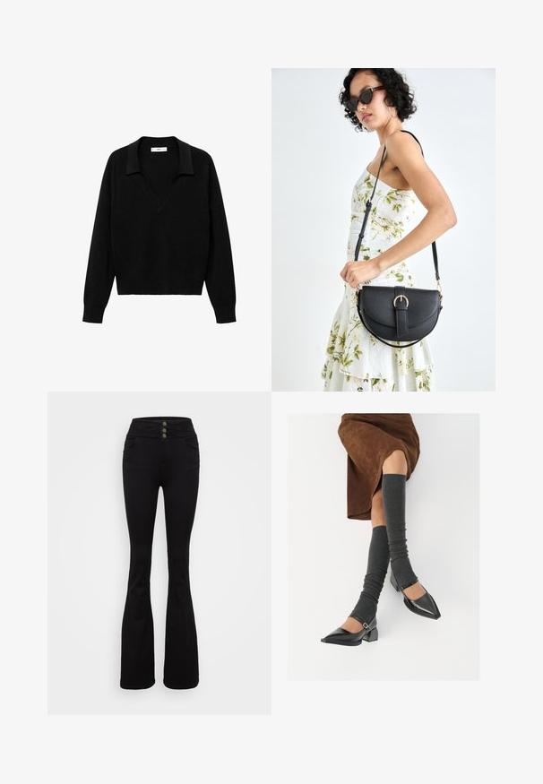 Mustapullovaihtoehto, jossa on V-pääkalloneula ja kaulus. Valmistettu pehmeästä kankaasta, se sisältää pitkät hihat ja rennon istuvuuden.; Musta leveälahkeinen farkut, joissa on korkea vyötärö, kolme nappisuljenta, etutaskut ja sileä pinta.; Musta lakattu nahkakengät teräväkärkisillä, leveällä kantapäällä ja nilkkahihnalla, yhdistettynä harmaisiin ribattuihin säärystimiin ja ruskeaan mokkasiinimekkoon.; Musta nahkainen käsilaukku, joka on kaareva muotoilultaan, irrotettavalla hihnalla ja kultaisilla yksityiskohdilla. Laukussa on läppä, jossa on solk yksityiskohta.