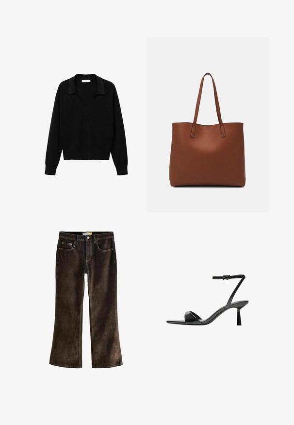 Schwarzer Pullover mit V-Ausschnitt und Kragen. Hergestellt aus weichem Material, hat er lange Ärmel und einen lockeren Schnitt.; Braune Corduroy Bootcut-Jeans mit kontrastierendem gelbem Nähen, fünf Taschen und einem Knopfverschluss am Bund.; Bershka High Heel Sandalette - black; Braune Leder-Tote mit glatter Textur, offenem Oberteil und zwei Schulterriemen. Verfügt über minimale Nähte und keine sichtbaren Beschläge.