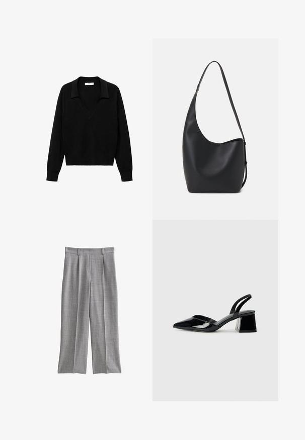 Suéter negro de punto con diseño de escote en V y cuello. Hecho de una tela suave, cuenta con mangas largas y un corte relajado.; Pantalones grises con un tejido texturizado, diseño de pierna ancha y pliegues frontales. Cintura ajustada con trabillas, sin bolsillos visibles.; Zapatos de tacón slingback de charol negro con punta afilada y tacón geométrico en bloque. Presentan un diseño elegante y minimalista, así como una textura suave.; Bolso tipo hobo de cuero negro con una textura suave, forma curvada y una sola correa ajustable; presenta una amplia apertura en la parte superior.