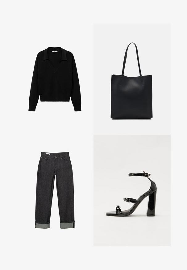Crni pulover s dizajnom u obliku V i ovratnikom. Izrađen od mekanog materijala, ima dugačke rukave i opušteni kroj.; Crne traperice s opuštenim krojem, s prevrnutim rubovima i kontrastnom unutarnjom manžetom. Metalni gumb i zakovice kao detalji hardvera.; Crne lakirane sandale na visoku petu s dva remena s kopčama, kvadratnim vrhom i masivnom blok petom, s glatkom, sjajnom teksturom.; Crna kožna torba za nošenje s glatkom teksturom, pravokutnim oblikom i dvije duge ručke. Nema vidljivih metalnih dijelova ili ukrasa.