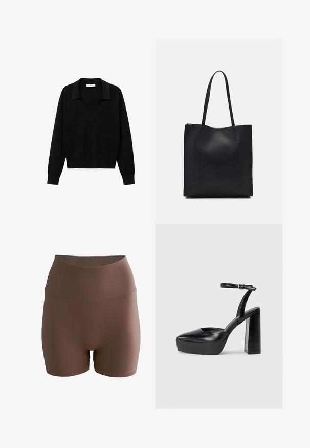 Pull noir avec un col en V et un col. Fabriqué en tissu doux, il possède des manches longues et une coupe décontractée.; aim’n® SHAPE SEAMLESS - Short - brown; Escarpins noirs à plateforme avec un bout pointu et une sangle réglable à la cheville. Conçus en cuir lisse, avec un large talon bloc.; Sac fourre-tout en cuir noir avec une texture lisse, de forme rectangulaire et deux longues poignées. Pas de matériel ou d'ornementations visibles.