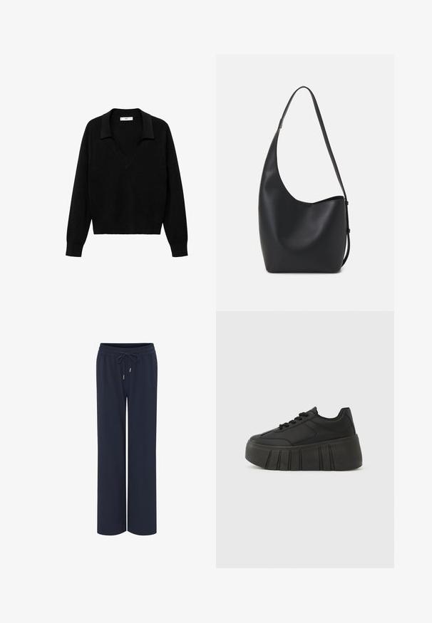 Zwarte pullover trui met een V-hals ontwerp en een kraag. Gemaakt van zachte stof, met lange mouwen en een ontspannen pasvorm.; Marineblauwe wijde broek van zacht stof, met een elastische tailleband met een trekkoord en kleine metalen accenten. Geen zakken.; Zwarte platform sneakers met een glad bovenwerk van synthetisch materiaal, een ronde neus, vetersluiting en een dikke, geribbelde zool voor extra lengte.; Zwarte leren hobo tas met een gladde textuur, kromme vorm en een enkele verstelbare schouderband; heeft een brede opening aan de bovenkant.