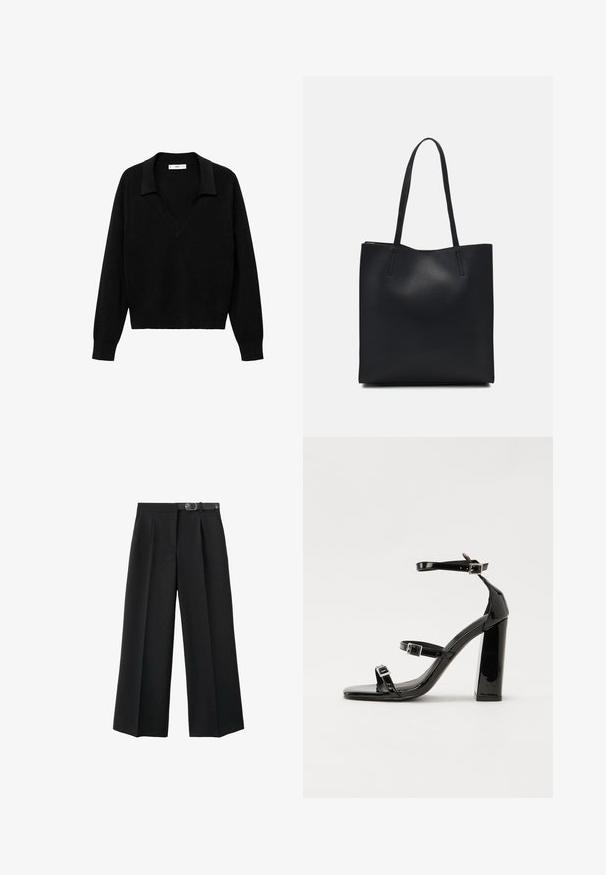 Crni pulover s dizajnom u obliku V i ovratnikom. Izrađen od mekanog materijala, ima dugačke rukave i opušteni kroj.; Crne hlače širokih nogavica izrađene od tkanine, s remenom u struku, pregibima i glatkom teksturom.; Crne lakirane sandale na pete sa kvadratnim nosom, trakama oko gležnja i srebrnim kopčama. Imaju čvrst blok petu za stabilnost.; Crna kožna torba za nošenje s glatkom teksturom, pravokutnim oblikom i dvije duge ručke. Nema vidljivih metalnih dijelova ili ukrasa.