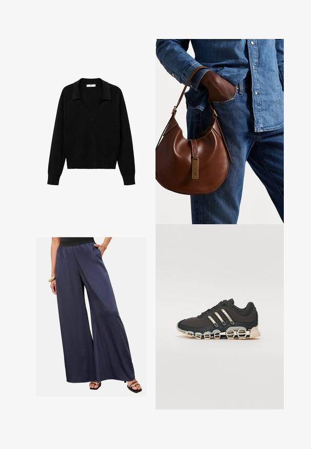 Crni pulover s dizajnom u obliku V i ovratnikom. Izrađen od mekanog materijala, ima dugačke rukave i opušteni kroj.; Žena nosi tamnoplave široke hlače s crnim elastičnim pojasom, stoji s jednom rukom u džepu i nosi crne sandale na otvoreni prst.; Crne atletske tenisice s teksturiranim gornjim dijelom, tri srebrne pruge i posebnim potplatom s višestrukim integriranim sekcijama.; Smeđa kožna hobo torba zaobljenog oblika, sa zlatnim metalnim detaljima i kontrastnim šavovima. Uparena s traper košuljom i trapericama.