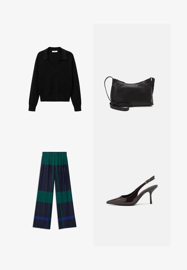 Black pullover sweater with a V-neck design and a collar. Made of soft fabric, it features long sleeves and a relaxed fit.; Wide-leg pants featuring vertical pleats and a color block design with green, navy, and blue stripes. Elastic waistband for comfort.; Slingback high-heeled shoe in glossy dark brown patent leather, pointed toe, open sides, and adjustable ankle strap.; Black leather shoulder bag with a smooth texture, curved shape, adjustable strap, and a zip closure. Minimalist design without embellishments.
