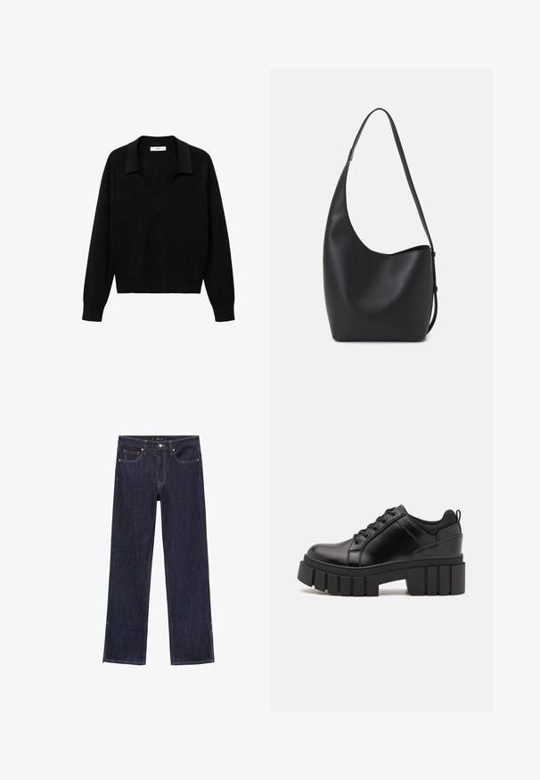 Pulover negru cu design în formă de V și guler. Fabricat dintr-un material moale, acesta are mâneci lungi și o croială lejeră.; Jeans din jeans de culoare albastru închis, cu un design cu picior drept, având cinci buzunare și cusături contrastante. Marginile au fante laterale pentru un detaliu suplimentar.; Pantofi cu talpă plată din piele neagră, cu toc gros, vârf rotund și design tradițional cu șireturi. Prezintă o textură netedă și detalii minime.; Geantă hobo din piele neagră, cu o textură netedă, formă curbată și un singur bretele ajustabil; are o deschidere largă în partea de sus.