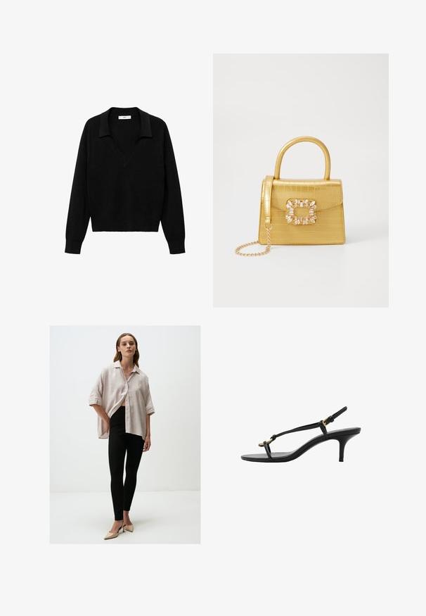 Maglione nero a collo V con colletto. Realizzato in tessuto morbido, presenta maniche lunghe e una vestibilità comoda.; Camicia oversize rosa chiaro con maniche corte, chiusura a bottoni, abbinata a leggings neri e scarpe con tacco nudo. Texture semplici e morbide.; Sandal con zeppa kitten nera in pelle, con sottili cinturini, fibbia dorata e una minimalista fascetta per le dita su sfondo bianco.; Borsa finta coccodrillo gialla con design strutturato, manico superiore, tracolla a catena removibile e abbellimenti in cristallo decorativi sulla chiusura.; Orecchino in metallo color oro con un design elegante e curvo. Presenta una forma appuntita distintiva, superficie lucida e chiusura a cerniera.