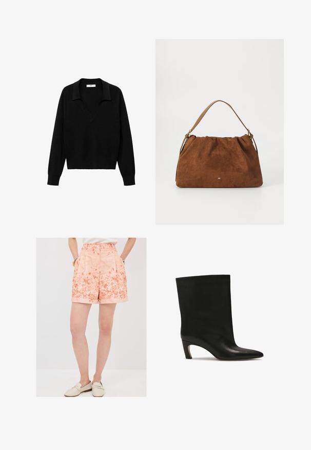 Černý svetr s V-výstřihem a límcem. Vyroben z měkké tkaniny, má dlouhé rukávy a volný střih.; Kraťasy s květinovým vzorem v korálové barvě, s plisováním a ohrnutými lemy. Vyrobené z lehké tkaniny, s dvěma bočními kapsami pro větší pohodlí.; Černá kožená kotníková bota s špičatou špičkou a zúženým podpatkem, s hladkou texturou a bezproblémovým designem.; Hnědá semišová kabelka se skládáním, s jedním světlým koženým popruhem a decentním zlatým logem na přední straně.