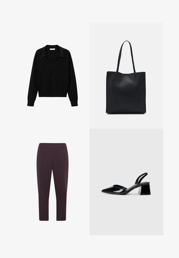 Zwarte pullover trui met een V-hals ontwerp en een kraag. Gemaakt van zachte stof, met lange mouwen en een ontspannen pasvorm.; Donkerpaarse broeken met een rechte pasvorm, verkorte lengte en gladde stof. Heeft een platte tailleband en geen zichtbare sluitingen.; Zwarte gepatineerde leren slingback hakken met een spitse neus en een geometrische blokhak. Kenmerkt zich door een slank, minimalistisch ontwerp en een gladde textuur.; Zwarte leren handtas met een gladde textuur, rechthoekige vorm en twee lange handvaten. Geen zichtbare hardware of versieringen.