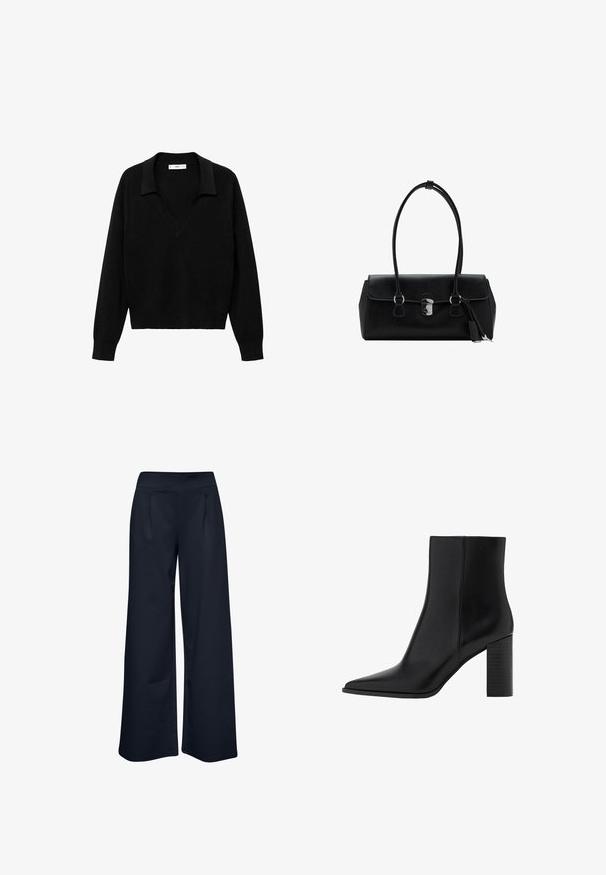 Zwarte pullover trui met een V-hals ontwerp en een kraag. Gemaakt van zachte stof, met lange mouwen en een ontspannen pasvorm.; Wijde broek van rekbaar marineblauw materiaal, met een soepele tailleband en twee frontzakken, met een relaxte pasvorm en een volledige lengte.; Zwarte leren enkellaars met een spitse neus, vierkante hak, een gladde textuur en stikdetails langs de naden. De hakken zijn ongeveer 8,9 cm hoog.; Zwarte leren handtas met een gladde textuur, gestructureerd ontwerp, dubbele hengsels en een zilveren sluiting in het midden.
