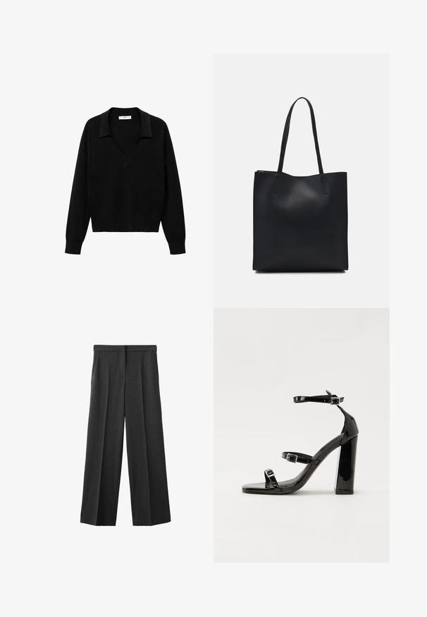 Svart tröja med V-ringning och krage. Tillverkad av mjukt tyg, den har långa ärmar och en avslappnad passform.; Mörkgrå vida byxor tillverkade av ett strukturerat tyg, med en platt midja, två framfickor och veckdetaljer.; Svarta lackerade högklackade sandaler med två spännband, fyrkantig tå och en tjock klack, med en slät och glansig yta.; Svart lädertoffelväska med slät textur, rektangulär form och två långa handtag. Ingen synlig hårdvara eller dekorationer.