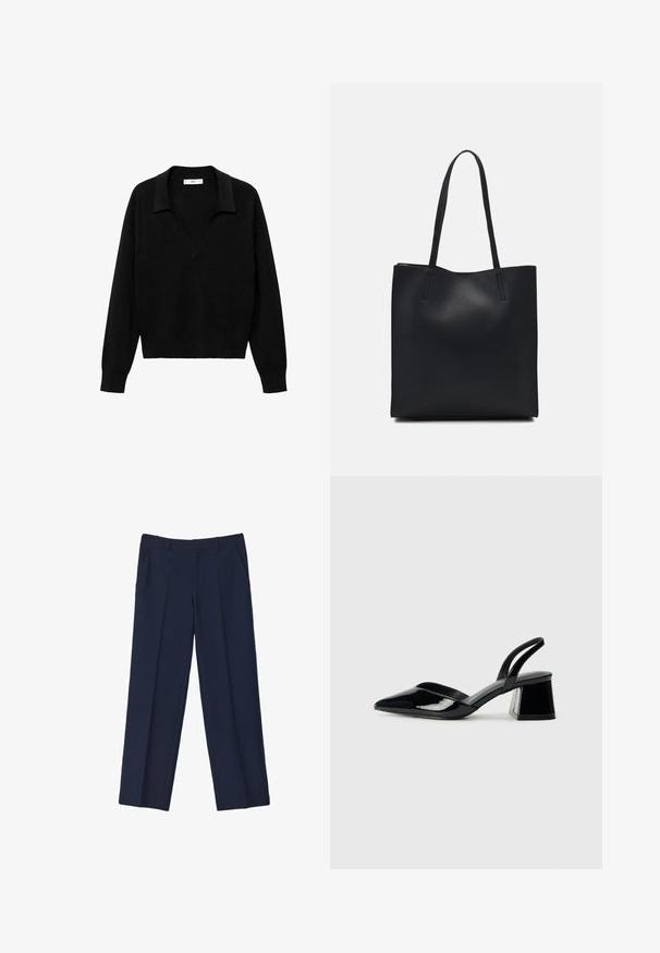 Mustapullovaihtoehto, jossa on V-pääkalloneula ja kaulus. Valmistettu pehmeästä kankaasta, se sisältää pitkät hihat ja rennon istuvuuden.; Navy siniset pukeutumispuvut suorat lahkeet, joissa on etupinnoja ja sivutaskuja. Kankaan pinta näyttää sileältä ja rakenteelliselta.; Mustat patentoitu nahkakengät, joissa on säären takaosa ja terävä kärki, sekä geometrinen palikkakorko. Sisältää tyylikkään, minimalistisen muotoilun ja sileän pinnan.; Mustapahkainen kangaskassi, jossa on sileä pinta, suorakaiteen muotoinen ja kaksi pitkää kahvaa. Ei näkyvää metalliosaa tai koristeita.