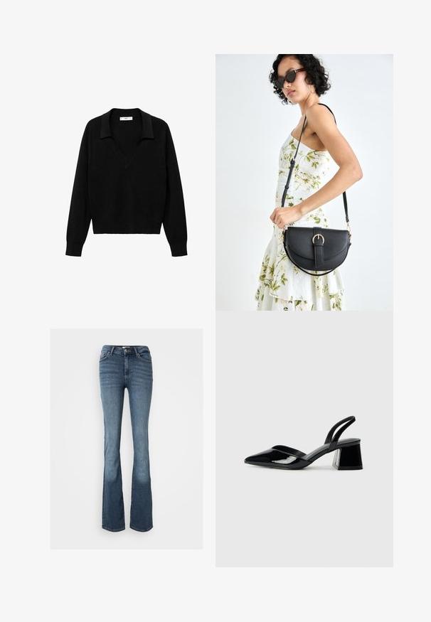 Black pullover sweater with a V-neck design and a collar. Made of soft fabric, it features long sleeves and a relaxed fit.; Bootcut jeans made of blue denim. Features a mid-rise waist, five pockets, subtle stitching, and a slightly faded look on legs.; Black patent leather slingback heels with a pointed toe and a geometric block heel. Features a sleek, minimal design and smooth texture.; Black leather handbag with a curved shape, detachable strap, and gold hardware. The bag features a flap with a buckle detail.