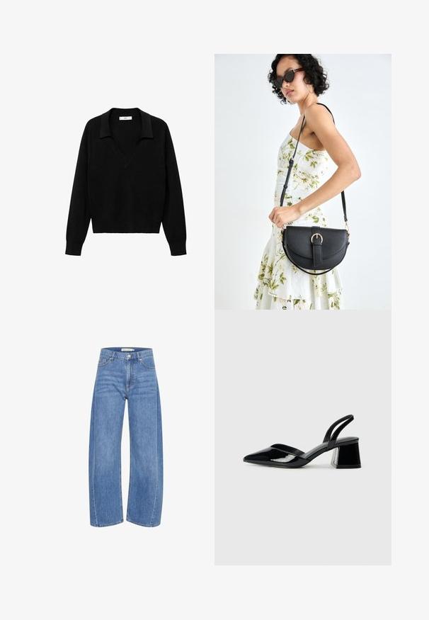 Black pullover sweater with a V-neck design and a collar. Made of soft fabric, it features long sleeves and a relaxed fit.; Light blue denim wide-leg jeans with a high waist, featuring a button and zipper closure, five pockets, and subtle fading details.; Black patent leather slingback heels with a pointed toe and a geometric block heel. Features a sleek, minimal design and smooth texture.; Black leather handbag with a curved shape, detachable strap, and gold hardware. The bag features a flap with a buckle detail.