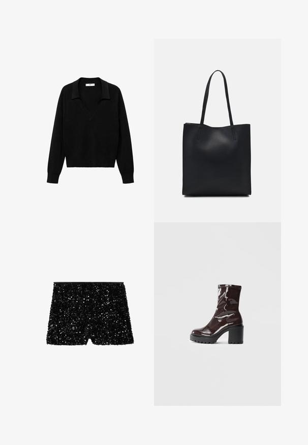 Black pullover sweater with a V-neck design and a collar. Made of soft fabric, it features long sleeves and a relaxed fit.; Black sequined shorts with a fitted design, featuring an all-over sequin texture and a smooth waistband. No pockets or prominent seams visible.; Glossy burgundy ankle boot with a chunky black heel, featuring a smooth texture and simple design. No visible fastenings or patterns.; Black leather tote bag with smooth texture, rectangular shape, and two long handles. No visible hardware or embellishments.
