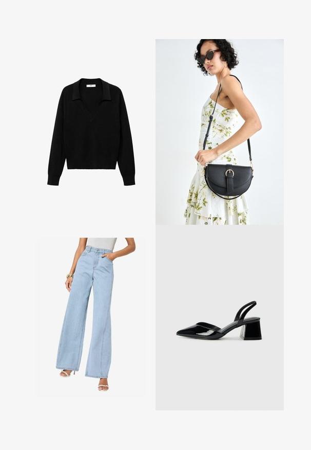 Crni pulover s dizajnom u obliku V i ovratnikom. Izrađen od mekanog materijala, ima dugačke rukave i opušteni kroj.; Svijetloplavi široki traperice visokog struka, s prednjim džepovima i detaljima u središnjem šavu; izrađene od denima s mekom teksturom.; Crne lakirane kožne sandale s otvorenom petom i špicastim vrhom, s geometrijskom blok petom. Imaju elegantan, minimalistički dizajn i glatku teksturu.; Crna kožna torba s lukovitim oblikom, odvojivim remenom i zlatnim detaljima. Torba ima preklop s kopčom.