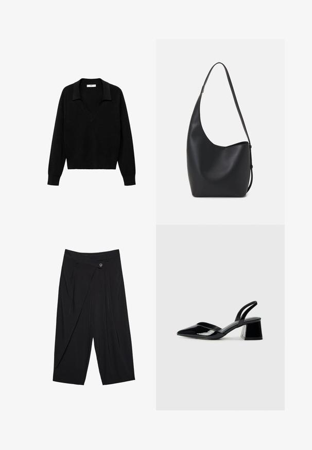 Czarny sweter typu pulower z dekoltem w serek i kołnierzykiem. Wykonany z miękkiego materiału, posiada długie rękawy i luźny krój.; Czarne spodnie w kant z pojedynczym zapięciem na guzik oraz szeroką, krótką nogawką. Gładka tekstura i dopasowana sylwetka.; Czarne lakierowane półbuty na obcasie z wydłużonym noskiem i geometrycznym słupkiem. Charakteryzują się eleganckim, minimalistycznym designem oraz gładką fakturą.; Czarna skórzana torba hobo o gładkiej fakturze, zaokrąglonym kształcie i pojedynczym, regulowanym pasku; posiada szerokie otwarcie na górze.