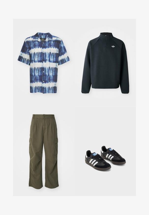 Czarna bluza z zipem do połowy wykonana z miękkiego materiału, z rękawami raglanowymi i białym logo na piersi. Rękawy są elastyczne.; Koszula z krótkim rękawem w niebiesko-białym wzorze tie-dye, wykonana z tkaniny o gładkiej teksturze i z jedną kieszonką na piersi.; Białe bawełniane koszulki, krótki rękaw, design z okrągłym dekoltem, gładka faktura, ułożone w rzędzie, z subtelnym logo przy dekolcie.; Spodnie cargo w oliwkowym kolorze, wykonane z bawełny, z szeroką nogawką, plisami i bocznymi kieszeniami dla większej funkcjonalności.; Czarne sneakersy z zamszową i syntetyczną cholewką, wyposażone w trzy białe paski, teksturowaną gumową podeszwę oraz niebieską metkę z logo na języku.