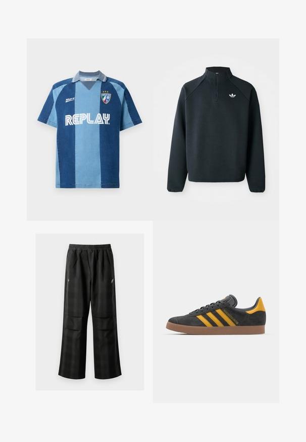 Svart quarter-zip hettegenser laget av mykt stoff, med raglanermer og hvit logo på brystet. Ermelinjene er elastiske.; Denim-inspirert jersey med korte ermer, utstyrt med et mørkeblått og lysblått stripete design, V-hals krage og "REPLAY"-logoen tydelig vist.; Svarte rutete bukser med elastisk midje, to frontlommer og løs passform med rett ben-design. Laget av lett materiale.; Sort skinnesko i svart semsket skinn med gule detaljer, med tre striper og en brun gummisåle. Inkluderer en polstret tunge for komfort.