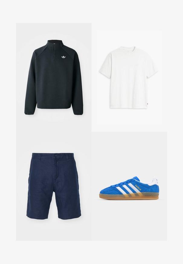 Svart kvartdraget sweatshirt i mjukt tyg, med raglanärmar och vitt logo på bröstet. Ärmarna har elastiska muddar.; Vit bomulls t-shirt med korta ärmar, rundad halsringning och subtil Levi's-logotyp tryckt i mitten. Mjuk textur och standard passform.; Mörkblå linnebyxor med knappstängning, rak skärning, slät textur och minimalistisk stil.; Blå mockaskor med vita ränder och texten "Gazelle". Har en gummisula och texturerade detaljer på ovansidan. Klassisk design.