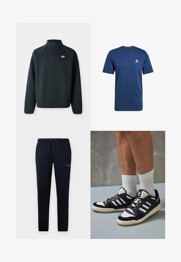 Black quarter-zip sweatshirt made of soft fabric, featuring raglan sleeves and white logo on the chest. Cuffs are elasticized.; Navy blue cotton T-shirt with short sleeves, crew neck, and white Adidas logo on the left chest. Smooth texture, classic fit.; Navy drawstring joggers with side pockets, tapered legs, and orange "WEEKEND OFFICER" text on the right thigh. Soft cotton blend material.; Black and white sneakers with a suede and leather upper, featuring three white stripes, a perforated toe, and a gum rubber sole.
