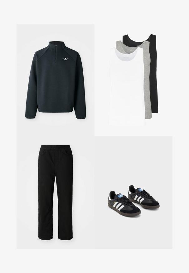Black quarter-zip sweatshirt made of soft fabric, featuring raglan sleeves and white logo on the chest. Cuffs are elasticized.; Three tank tops in white, gray, and black. Each features a classic sleeveless design, made from lightweight cotton fabric with a ribbed texture.; Black cotton trousers with a relaxed fit, elastic waistband, two front pockets, and straight legs. Smooth texture with no visible patterns.; Black sneakers with a suede and synthetic upper, featuring three white stripes, textured rubber sole, and blue logo tag on the tongue.