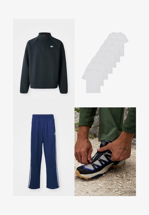 Juodas ketvirčio užtrauktuko megztinis, pagamintas iš minkštos medžiagos, su raglaniniu rankovėmis ir baltu logotipu ant krūtinės. Rankogaliai yra elastiniai.; Baltos medvilninės marškinėliai, trumpomis rankovėmis, apvaliu kaklu, lygia tekstūra, sušluoti į eilę, su subtiliu prekės ženklu ant kaklo.; Tamsiai mėlynos sportinės kelnės su laisvu siluetu, su baltomis šoninėmis juostomis ir elastinga juosmens juosta. Lygus audinys, nematomi raštai ar metalinės detalės.; Salomon X ULTRA 360 EDGE GTX - Turistiniai batai - gray violet/black/surf the web