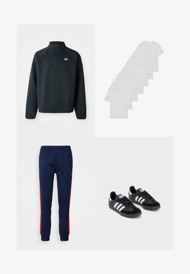 Sweatshirt preto com fecho de correr até ao peito, feito de um tecido suave, com mangas raglan e logótipo branco no peito. As mangas têm punhos elásticos.; T-shirts brancos de algodão, mangas curtas, design de gola redonda, com textura lisa, empilhados em fila, com uma marcação subtil na gola.; adidas Originals SST TP - Calças de fato de treino - night indigo/better scarlet; Sneakers pretos com parte superior em camurça e sintético, apresentando três riscas brancas, sola de borracha texturizada e etiqueta azul no linguete.